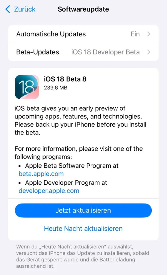 赵县苹果手机维修分享苹果 iOS / iPadOS 18 开发者预览版 Beta 8 发布 